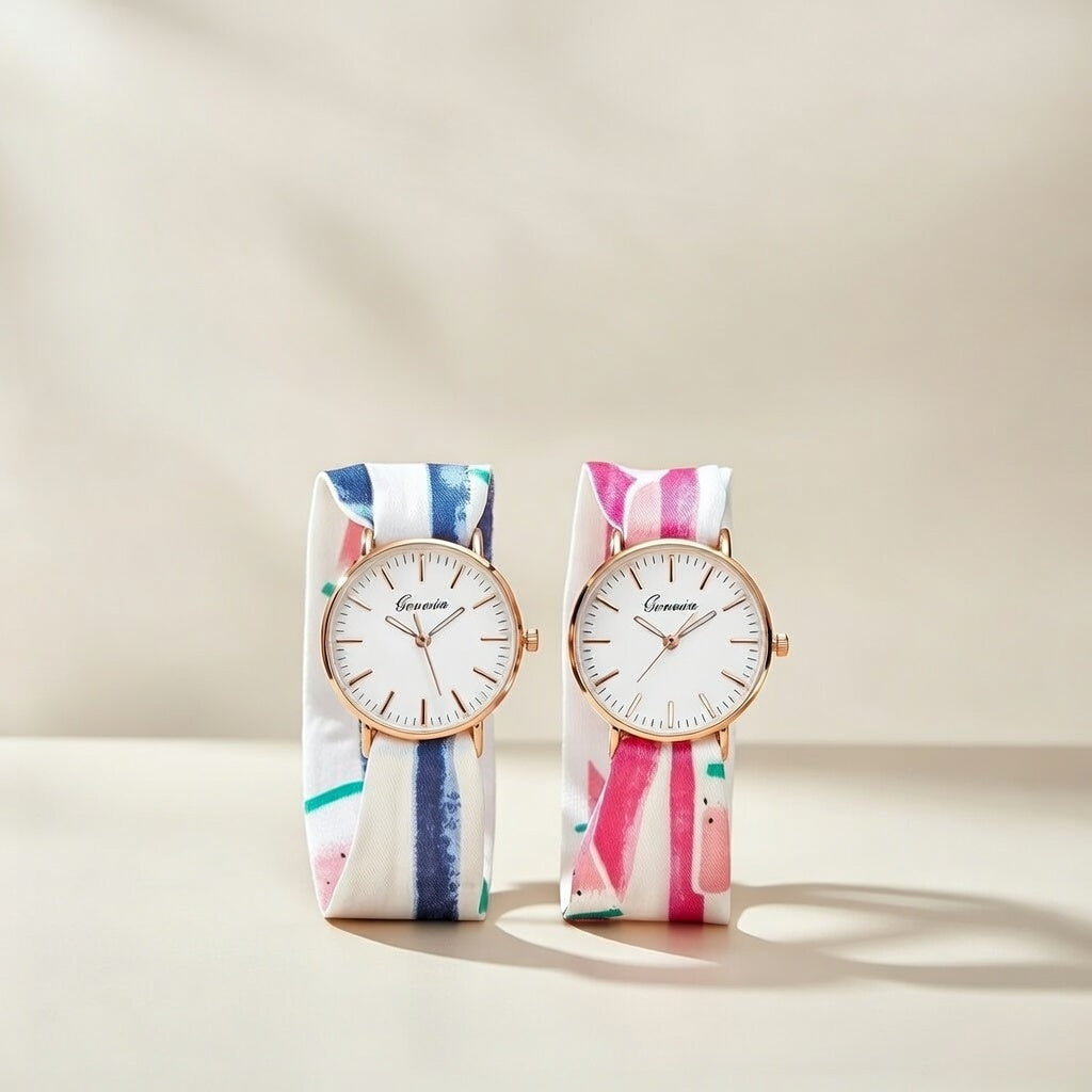 Blue Watermelon Print Changeable Cotton Tie Knot Strap Geneva Boho Wristwatch