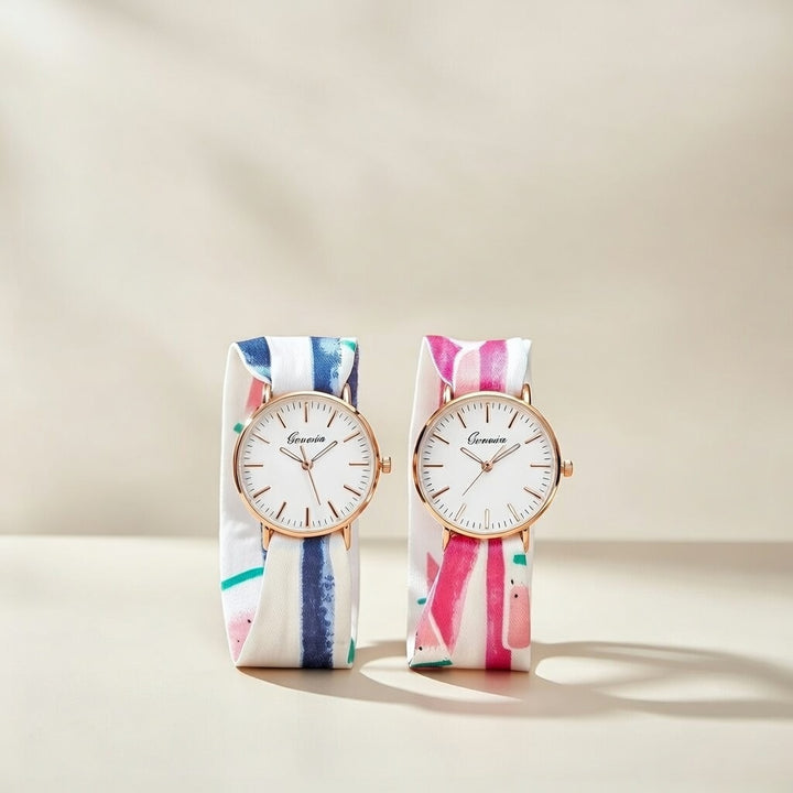 Blue Watermelon Print Changeable Cotton Tie Knot Strap Geneva Boho Wristwatch
