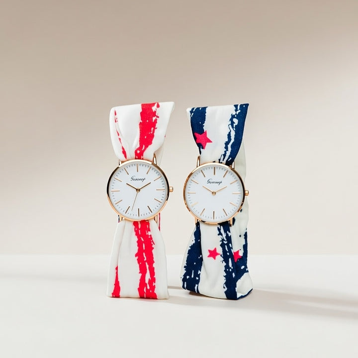 Blue Star Splash Print Changeable Fabric Strap Boho Wristwatch