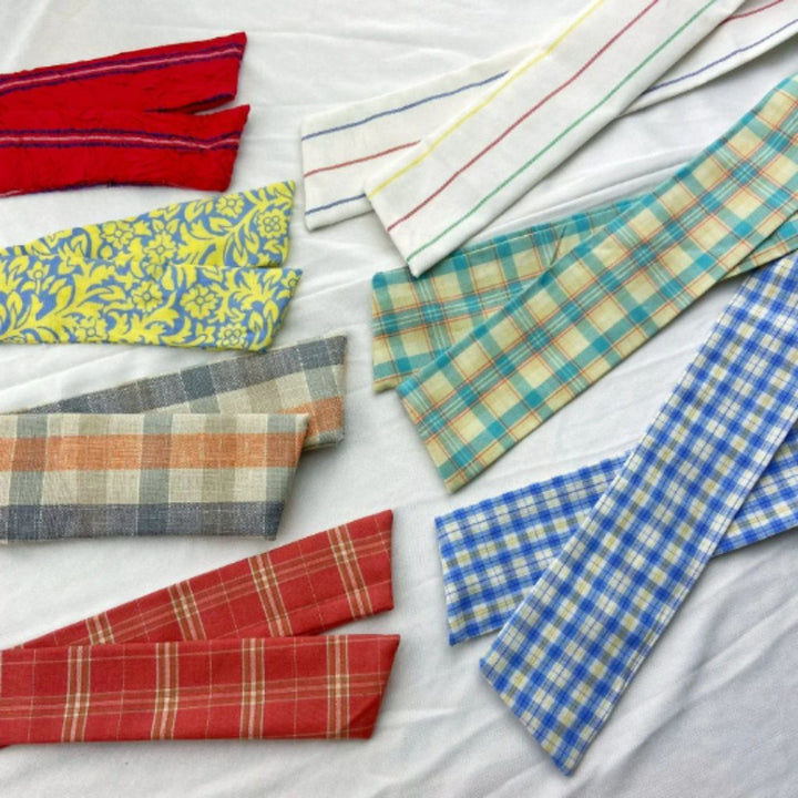 Blue White Checks Green Floral Print Changeable Fabric Strap Tie Knot Women (Close-up Detail) | The Colourful Aura