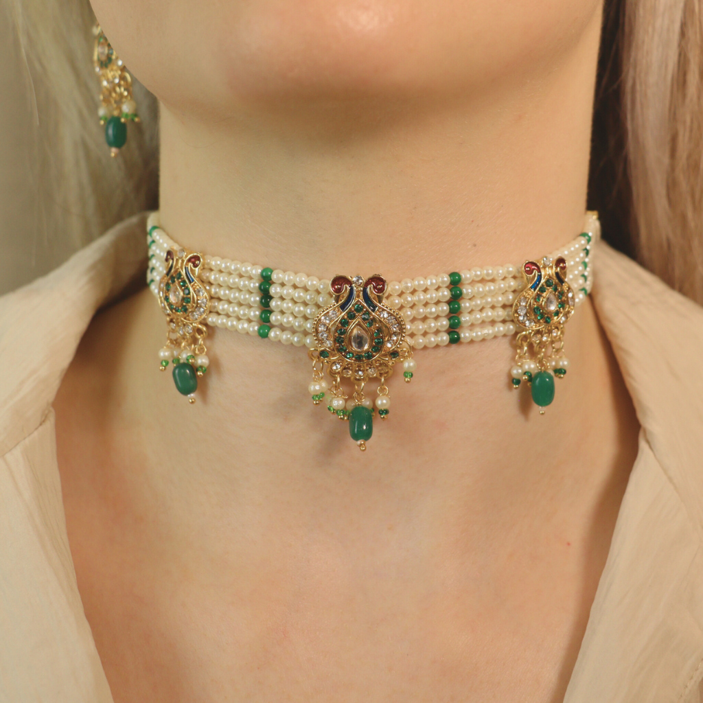 Traditional Ethnic Multi Strand White Pearl Dangle Diana Choker