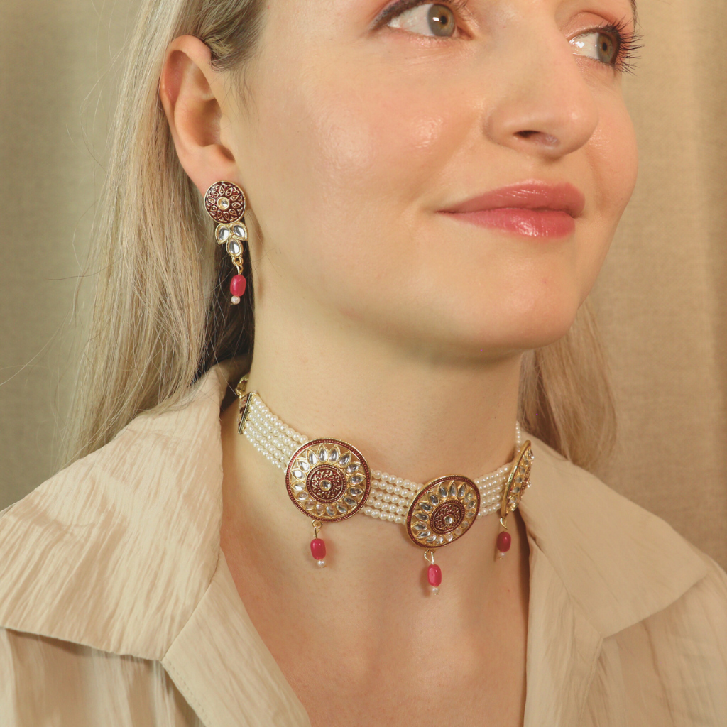 Red Round Kundan Ethnic Pearl Bridal Victorian Choker Set