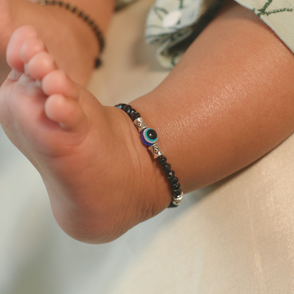 Silver Evil Eye Black Beaded Kids Indian Nazaria Bracelet