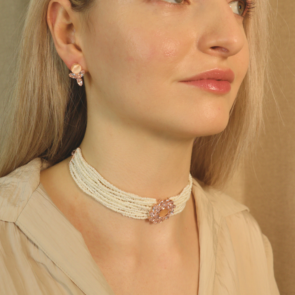 Multi Strand White Pearl Rose Gold Zircon Stone Victorian Choker set