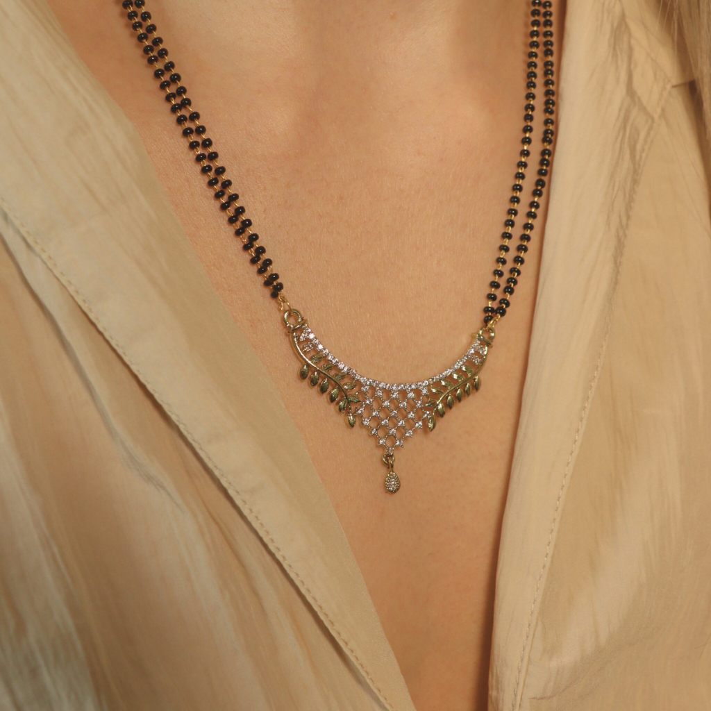 Indian Nazaria Silver Zircon Mangalsutra Black Beads Earring and Pendant Necklace