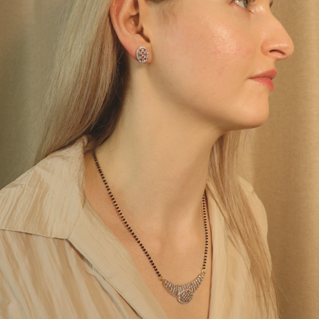 Indian Nazaria Silver Zircon Dangle Mangalsutra Black Beads Earring and Pendant Necklace