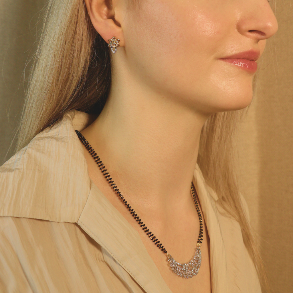 Indian Nazaria Silver Floral Zircon Mangalsutra Black Beads Earring and Pendant Necklace