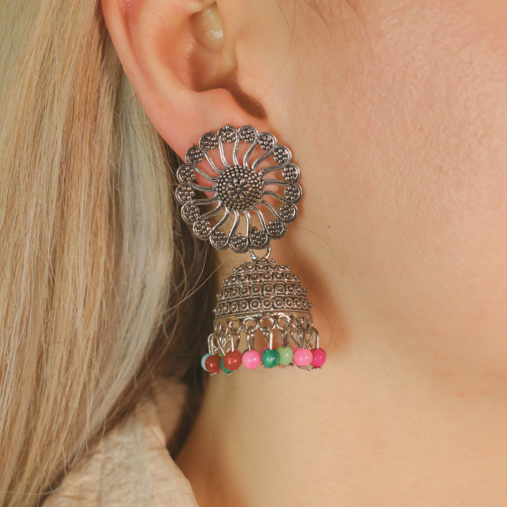 Small Bohemian Floral Indian Oxidised Boho Indian Asian Bridal Drop Jhumkis