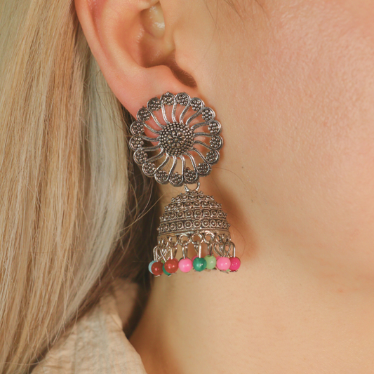 Small Bohemian Floral Indian Oxidised Boho Indian Asian Bridal Drop Jhumkis