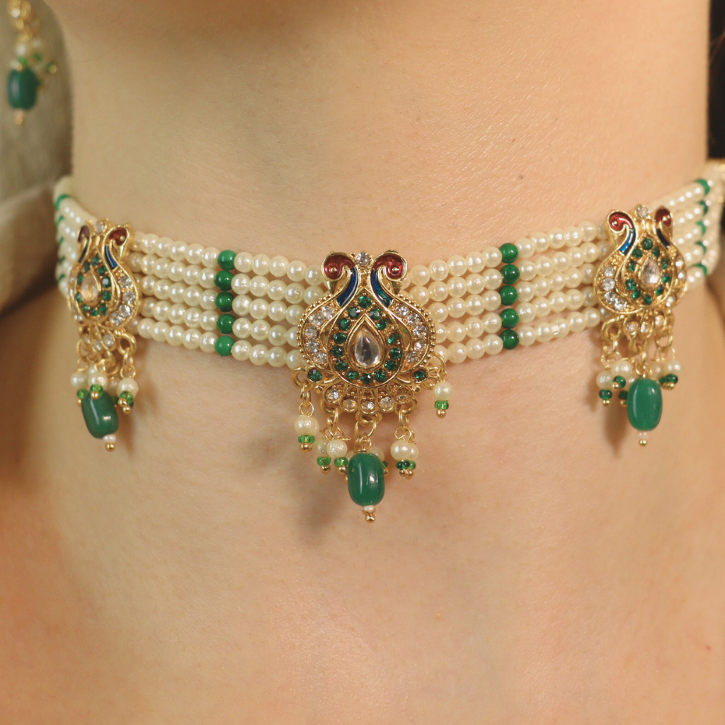 Traditional Ethnic Multi Strand White Pearl Dangle Diana Choker