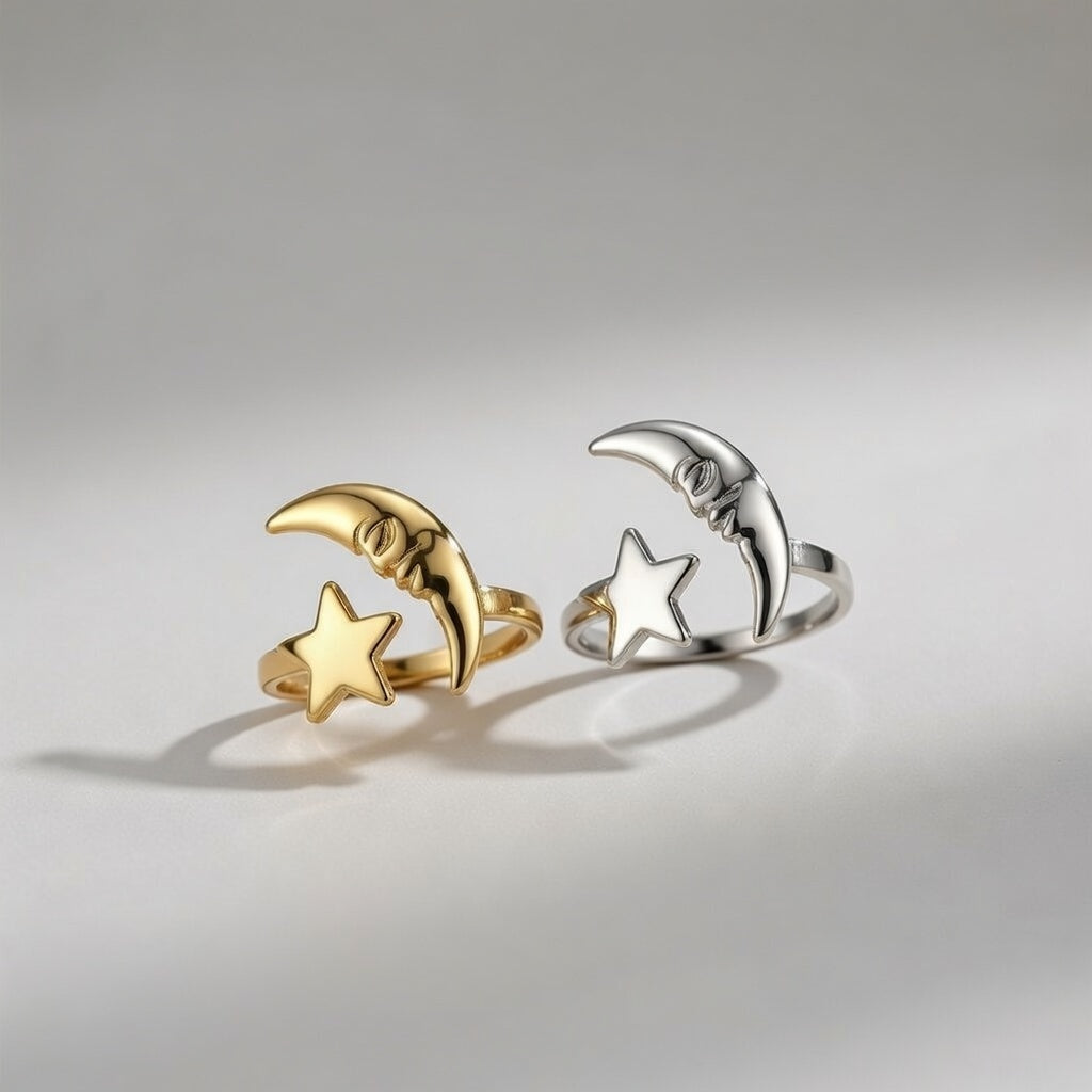 Boho Celestial Moon and Star Ring Adjustable Gold/Silver — Boho Jewellery UK | The Colourful Aura