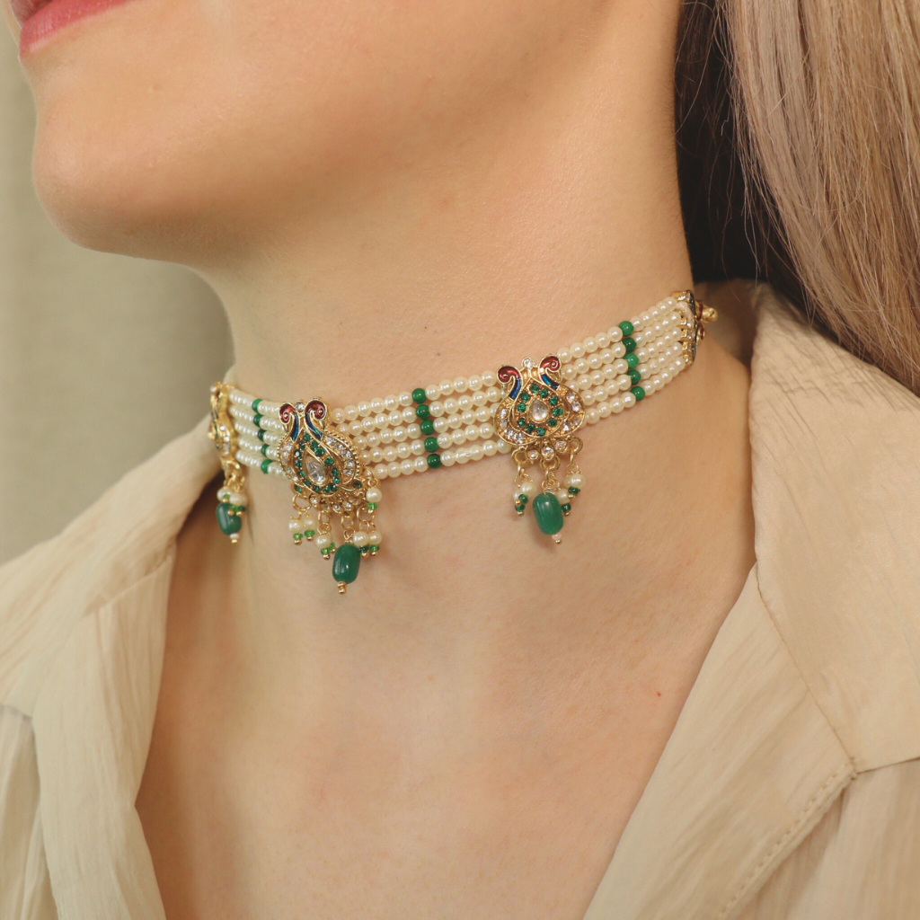 Traditional Ethnic Multi Strand White Pearl Dangle Diana Choker
