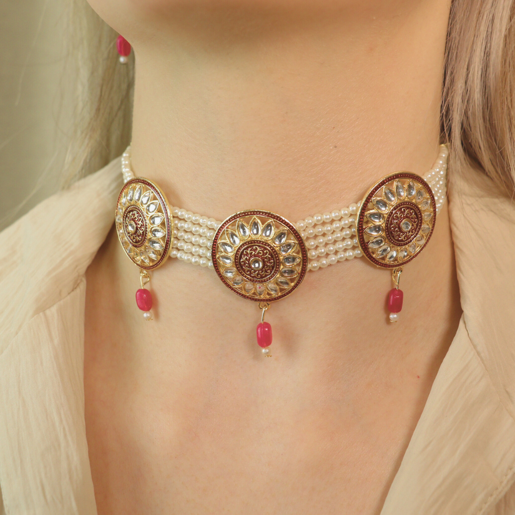 Red Round Kundan Ethnic Pearl Bridal Victorian Choker Set