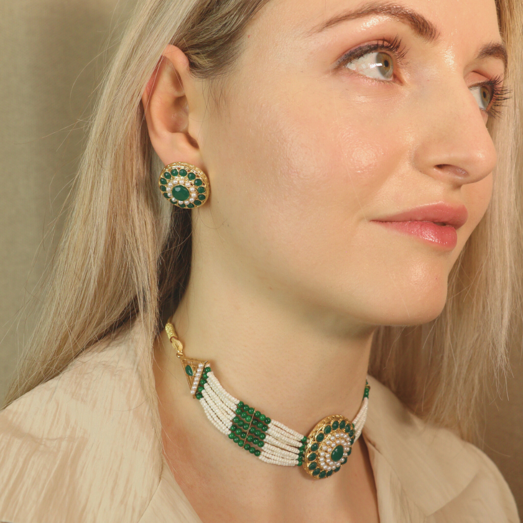 Multi-Strand Ethnic Pearl Green Stone Victorian Bridal Diana Set