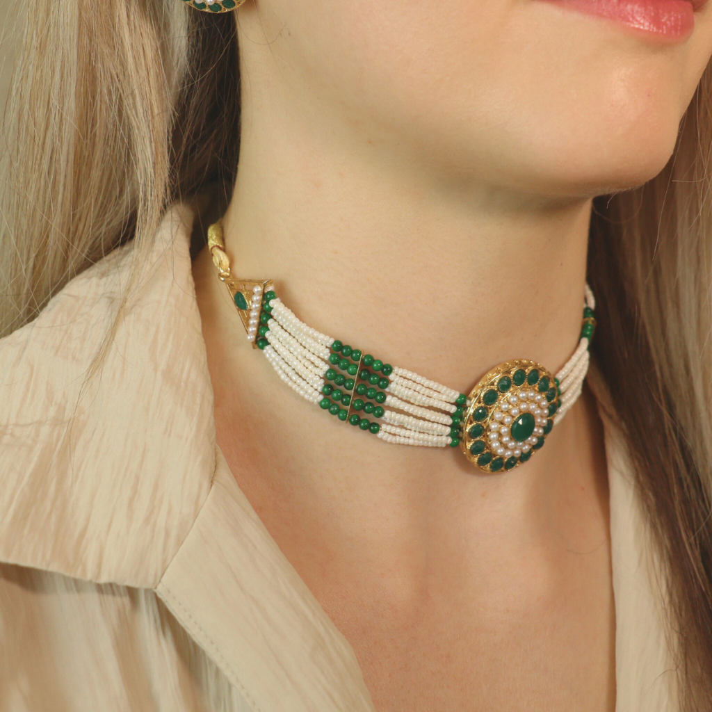 Multi-Strand Ethnic Pearl Green Stone Victorian Bridal Diana Set