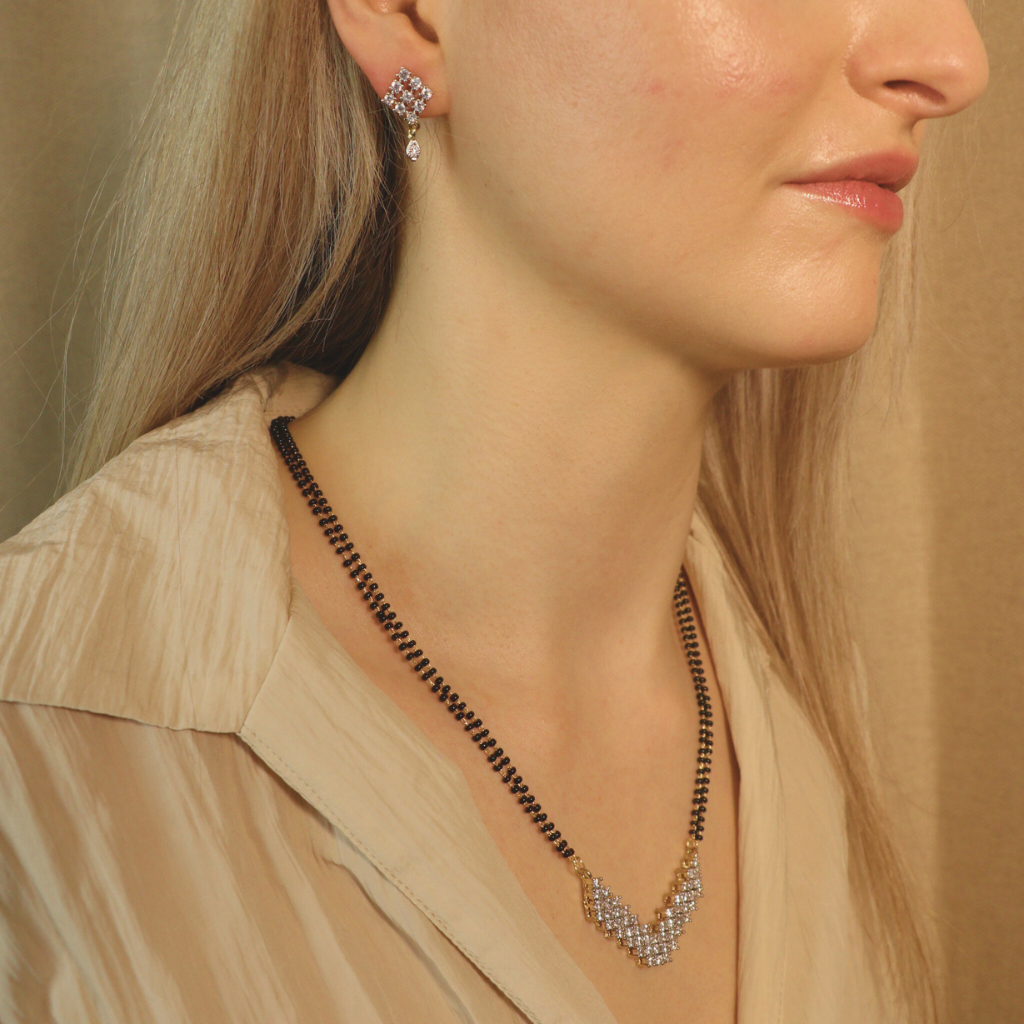 Indian Nazaria Silver Zircon Mangalsutra Black Beads Earring and Pendant Necklace