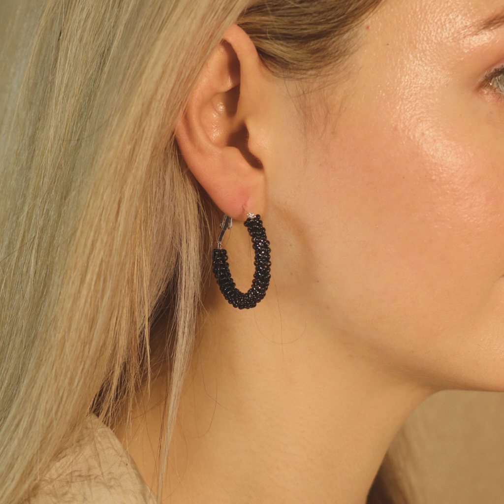Black Large Bead Braided Summer Dainty Boho Huggie Asian Hoop Earrings — Boho Jewellery UK | The Colourful Aura