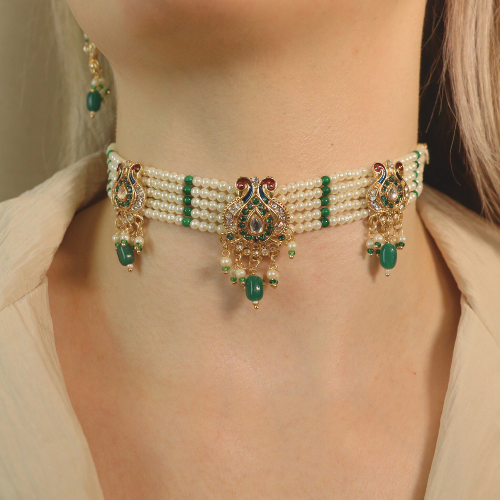Traditional Ethnic Multi Strand White Pearl Dangle Diana Choker