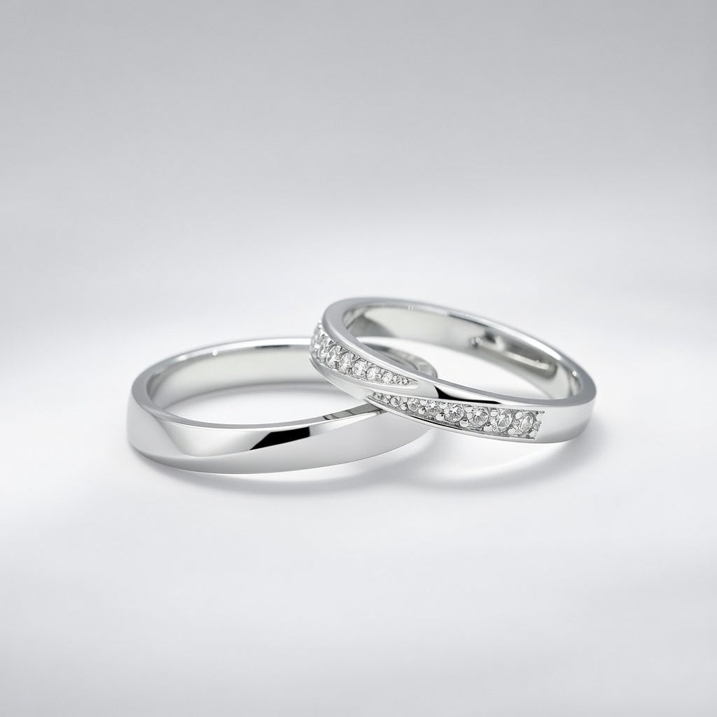 Adjustable Silver Plain Couple Promise Band Zircon Ring Set – The Colourful Aura