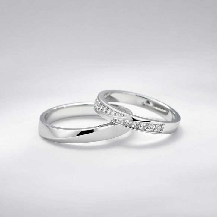 Adjustable Silver Plain Couple Promise Band Zircon Ring Set