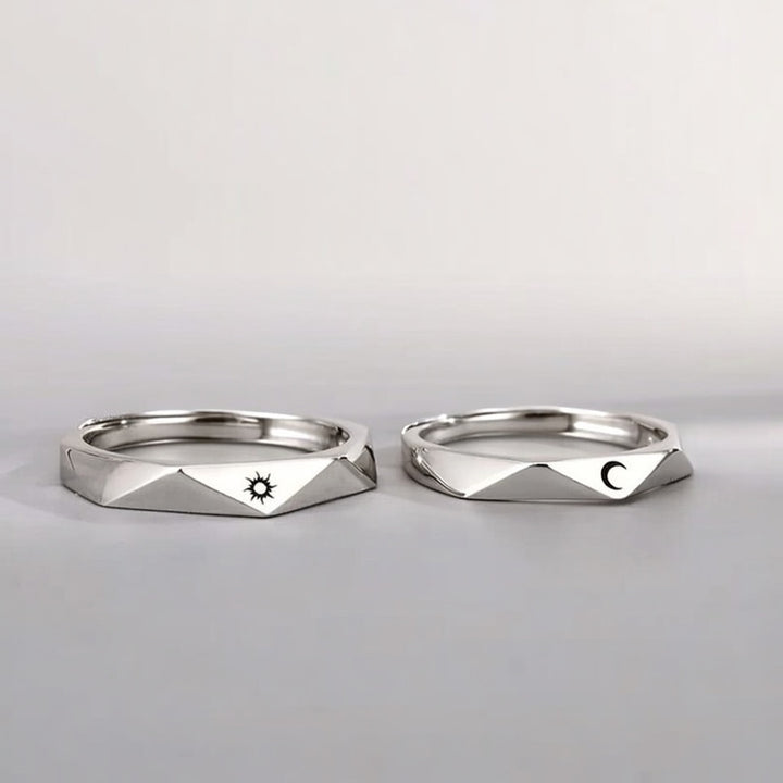 Silver Angle Cut Couple Moon and Sun Promise Adjustable Ring set