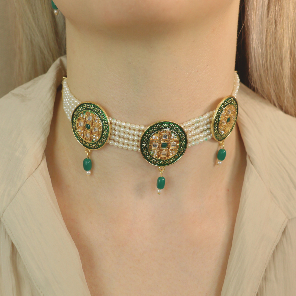 Ethnic White Pearl Stone Victorian Bridal Diana Choker Set