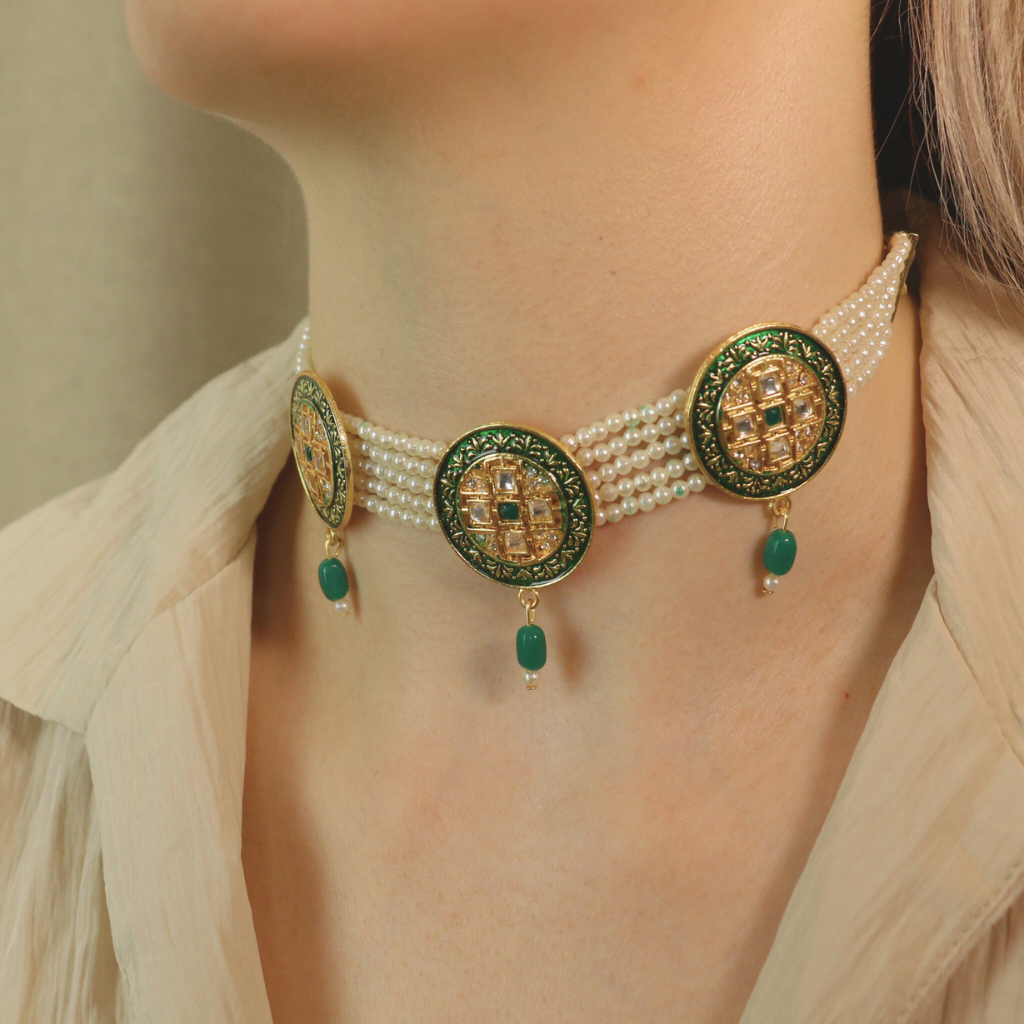 Ethnic White Pearl Stone Victorian Bridal Diana Choker Set
