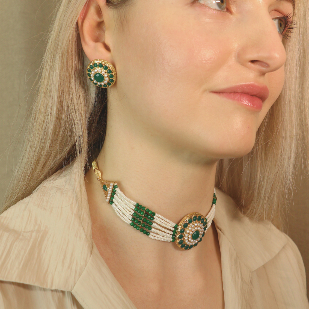 Multi-Strand Ethnic Pearl Green Stone Victorian Bridal Diana Set