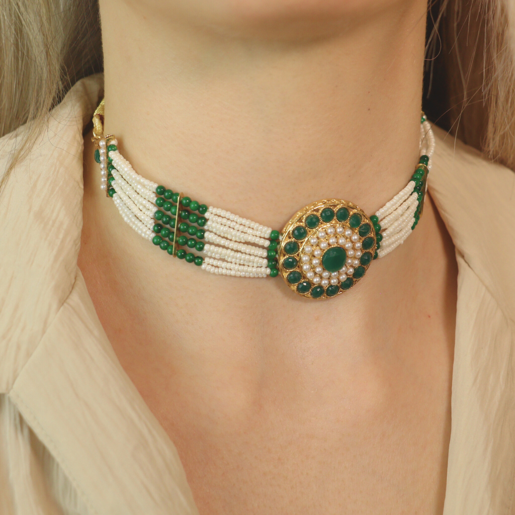 Multi-Strand Ethnic Pearl Green Stone Victorian Bridal Diana Set