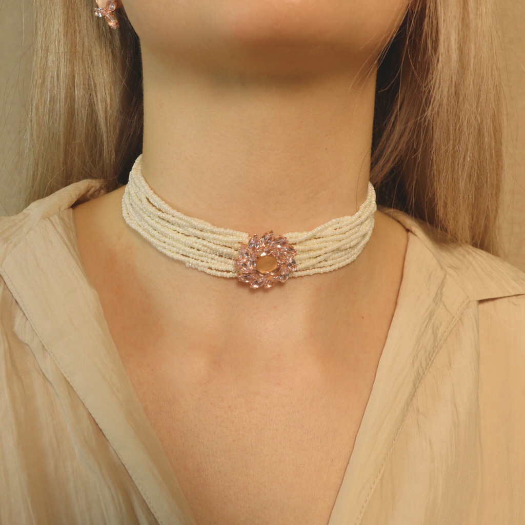 Multi Strand White Pearl Rose Gold Zircon Stone Victorian Choker set