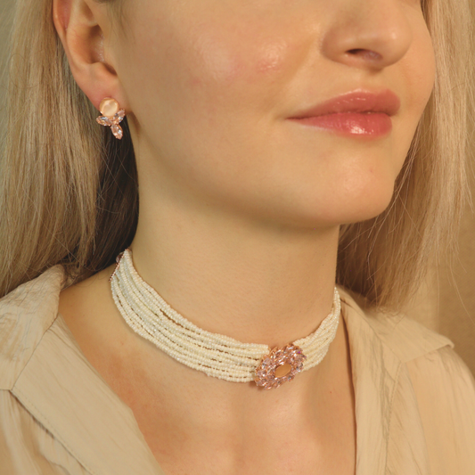 Multi Strand White Pearl Rose Gold Zircon Stone Victorian Choker set