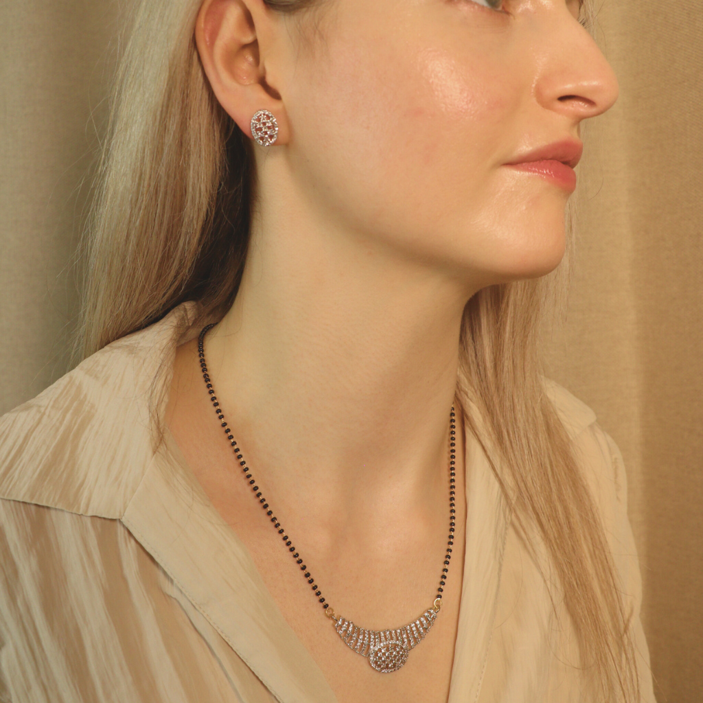 Indian Nazaria Silver Zircon Dangle Mangalsutra Black Beads Earring and Pendant Necklace