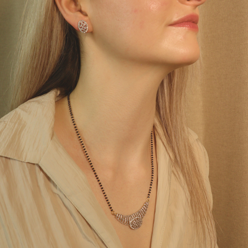 Indian Nazaria Silver Zircon Dangle Mangalsutra Black Beads Earring and Pendant Necklace