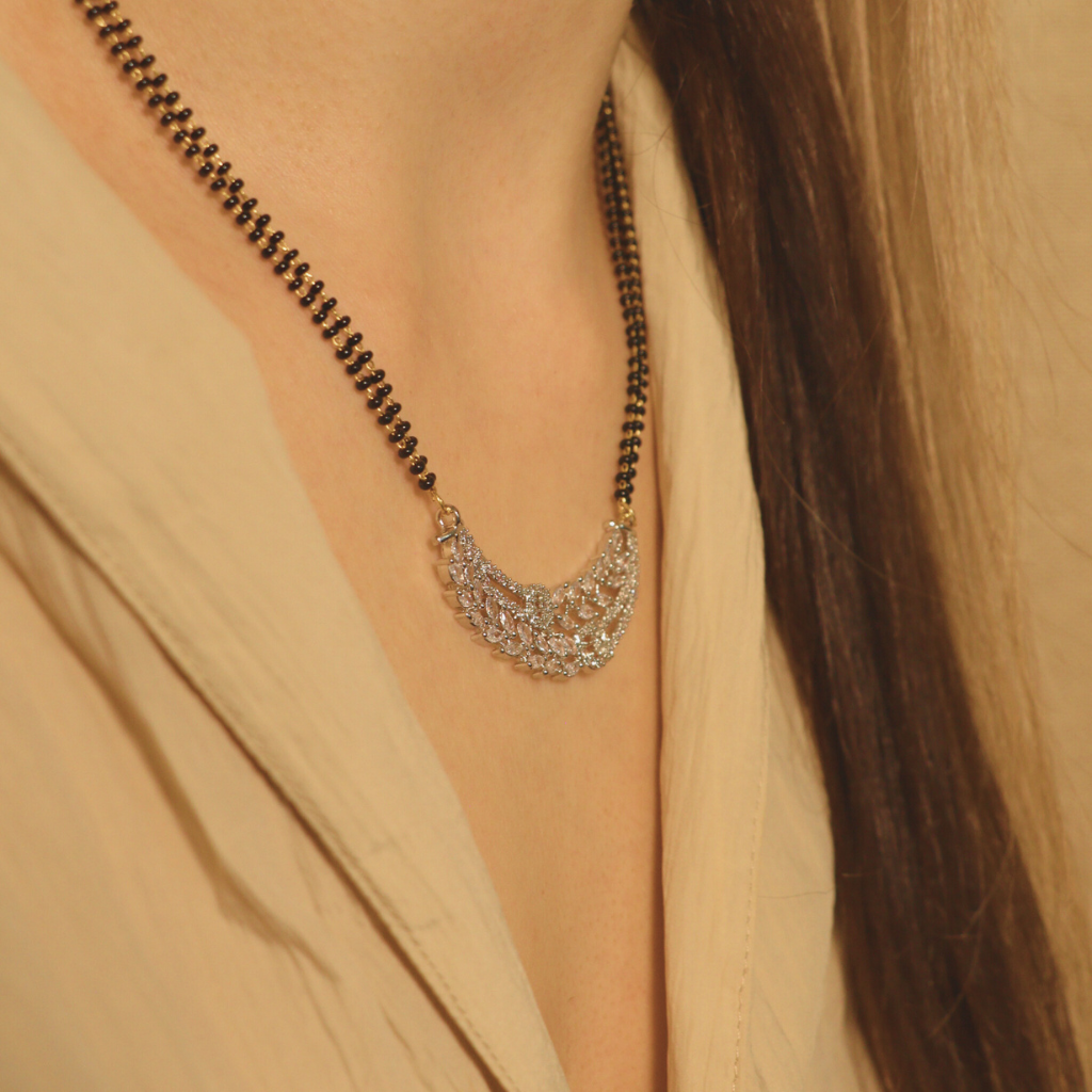 Indian Nazaria Silver Floral Zircon Mangalsutra Black Beads Earring and Pendant Necklace