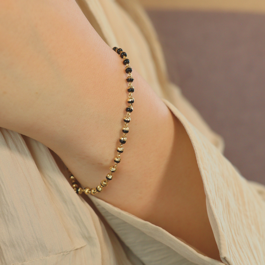 Simple plain unisex Gold plated Black beaded Nazar Mangalsutra Bracelet