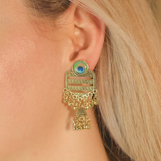 Peacock Indian Boho Oxidised Drop Ethnic Dome Asian Jhumka Earring