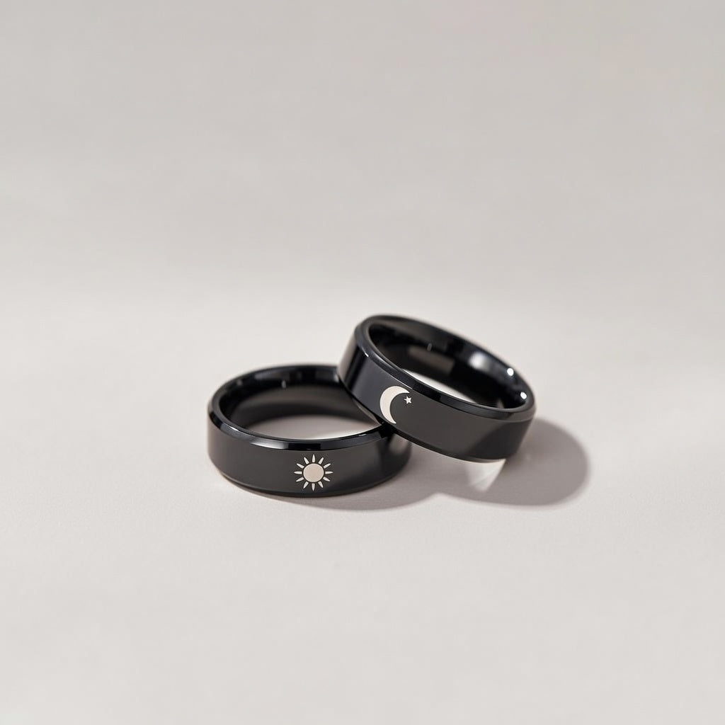 Black Band Matching Couple Moon and Sun Promise Ring set — Boho Jewellery UK | The Colourful Aura