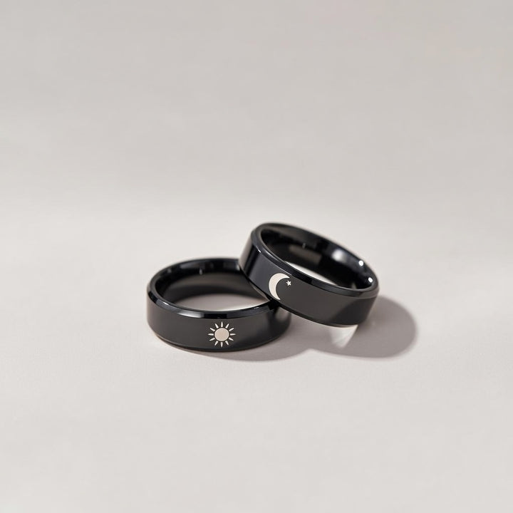 Black Band Matching Couple Moon and Sun Promise Ring set