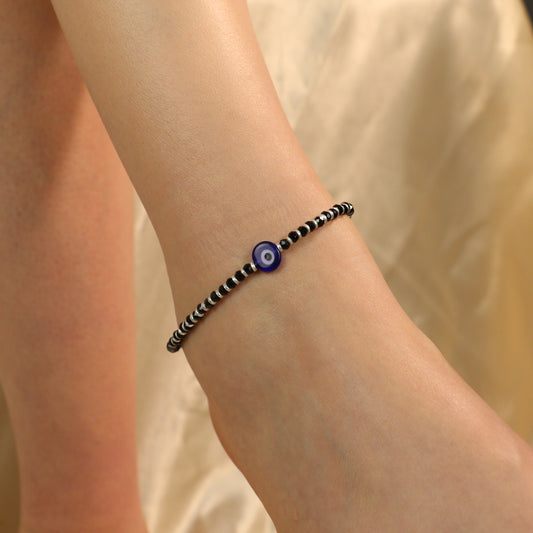 925 Silver Black Beaded Evil Eye Nazar Payal Anklet