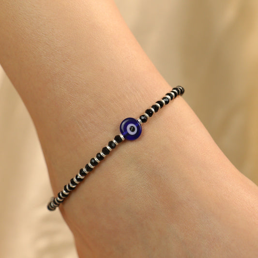 925 Silver Black Beaded Evil Eye Nazar Payal Anklet