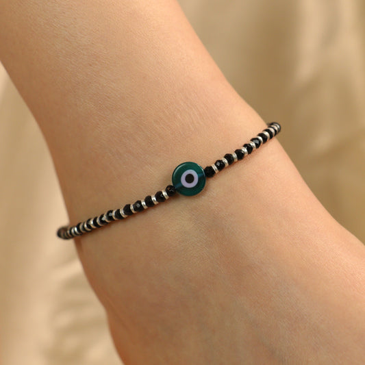 925 Silver Black Beaded Evil Eye Nazar Payal Anklet