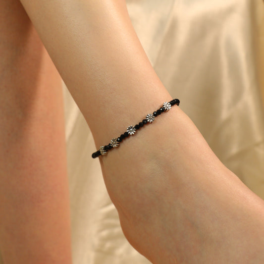 Black Beads Floral Indie Chain Boho Payal Anklet