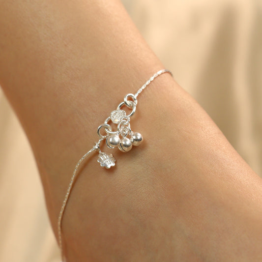 925 Silver Pink Silver Round Ball Thin Payal Anklet