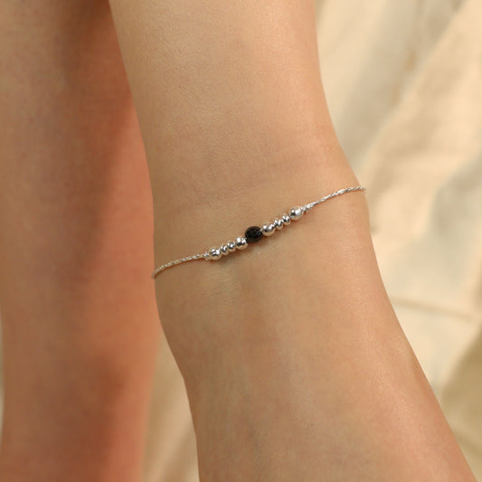 925 Silver Black Silver Round Ball Thin Dangle Payal Anklet