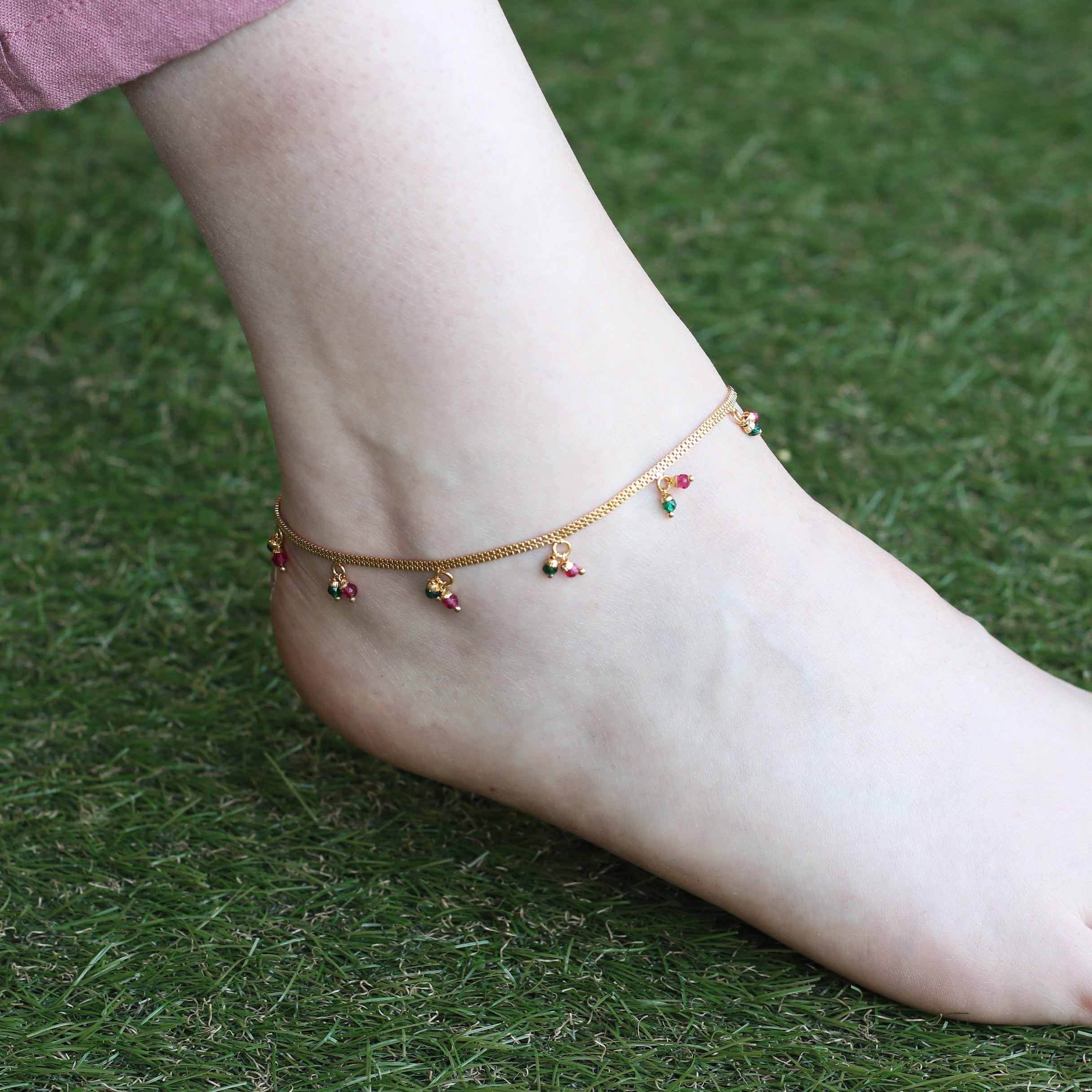 Golden Brass Rounds Red Green Beads Indian Payal Anklet