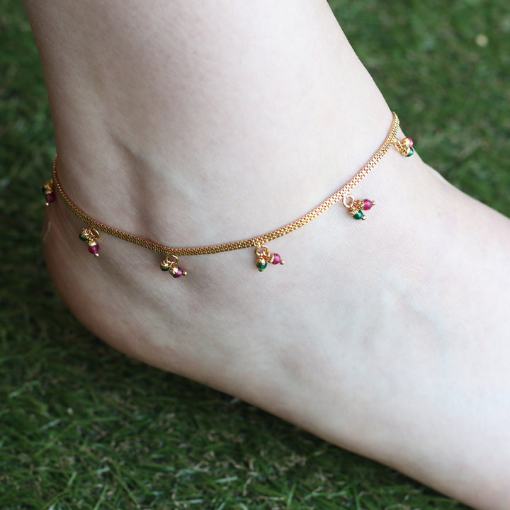 Golden Brass Rounds Red Green Beads Indian Payal Anklet