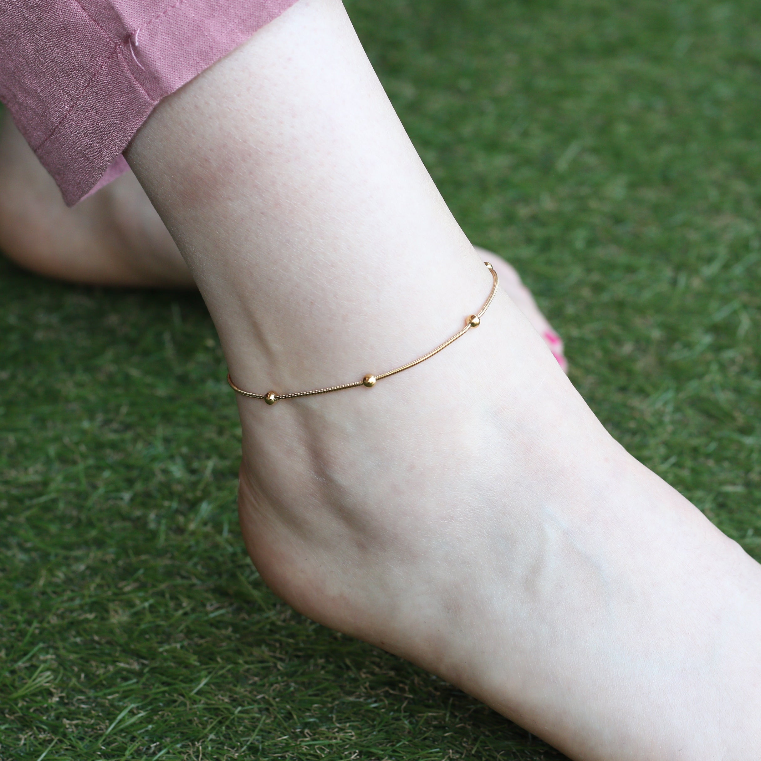 Brass Beaded Round Ball Minimalist Boho Slim Foot Payal Anklet