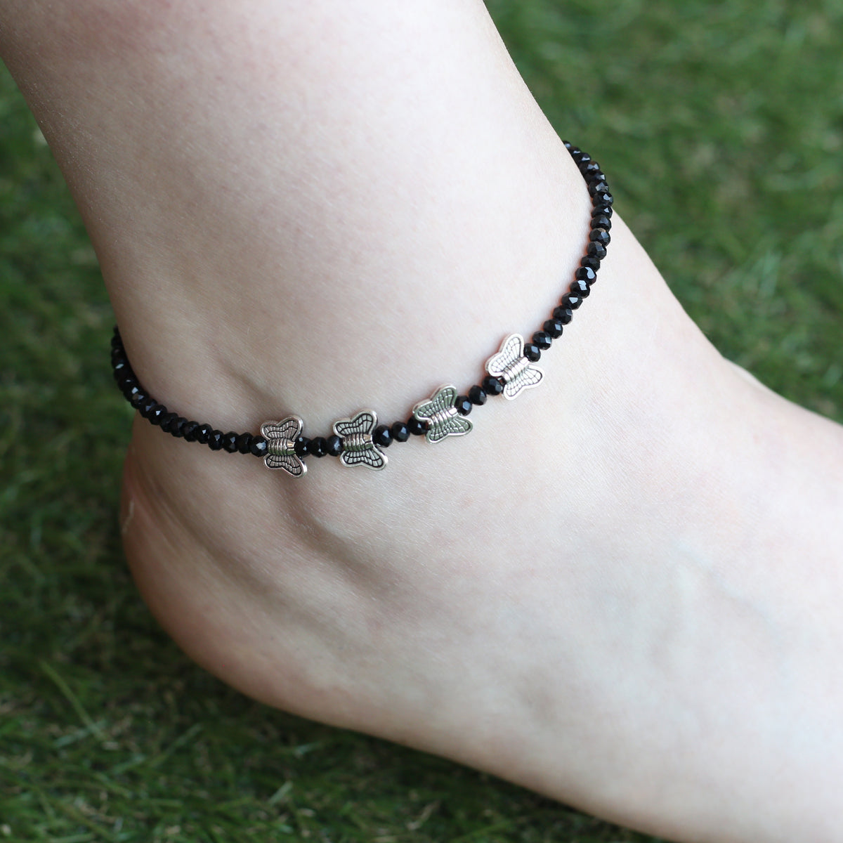 Butterfly Charm Black Beaded Nazar Slim Anklet Payal — Boho Jewellery UK | The Colourful Aura