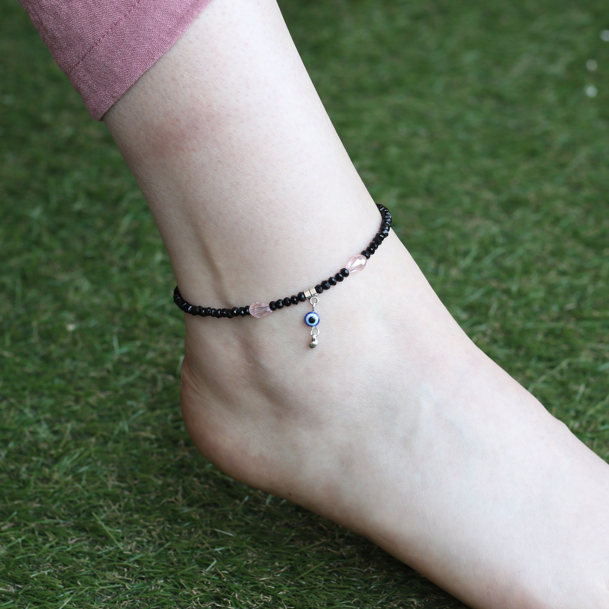 Dangle Evil Eye Black Beaded Silver Foot Anklet Payal