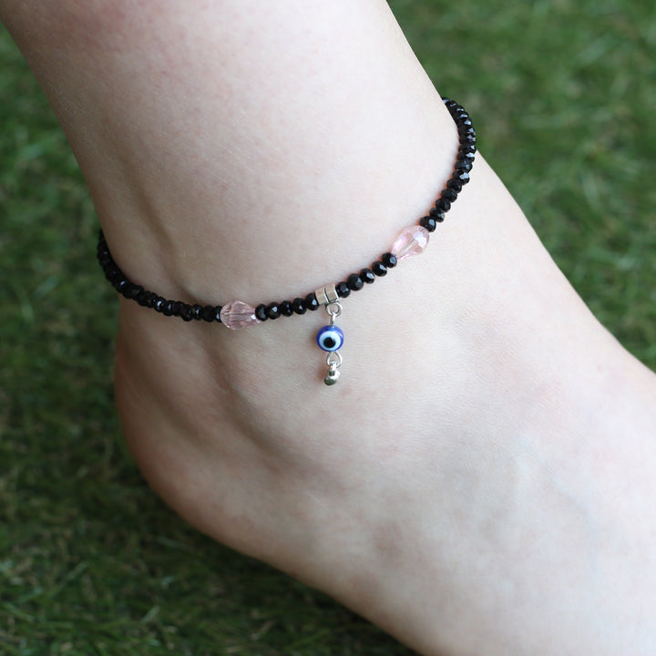 Dangle Evil Eye Black Beaded Silver Foot Anklet Payal